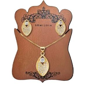 Conjunto Folha Cravejada de Zircônias Transparentes com Ponto de Luz em Banho de Ouro Amarelo