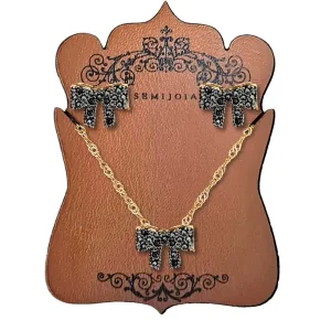 Conjunto Laço Cravejado de Zircônias Ônix em Banho de Ouro Amarelo Rodinado com Ródio Negro