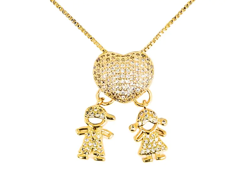 Colar Filho e Filha com Pingente de Coração Cravejados de Zircônias Transparentes em Banho de Ouro Amarelo - Image 2