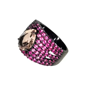 Anel Gota Morganita Cravejado de Zircônias Rubi Pink em Banho de Ródio Negro