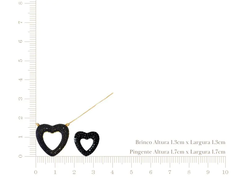 Conjunto Coração Vazado Microcravejado de Zircônias Ônix em Banho de Ouro Amarelo Rodinado com Ródio Negro - Image 5