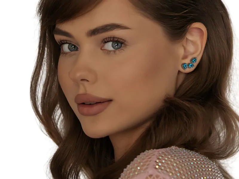 Brinco Ear Cuff Três Folhas de Zircônia Turmalina Azul Cravejado de Nano Turquesa em Banho de Ródio Negro - Image 3