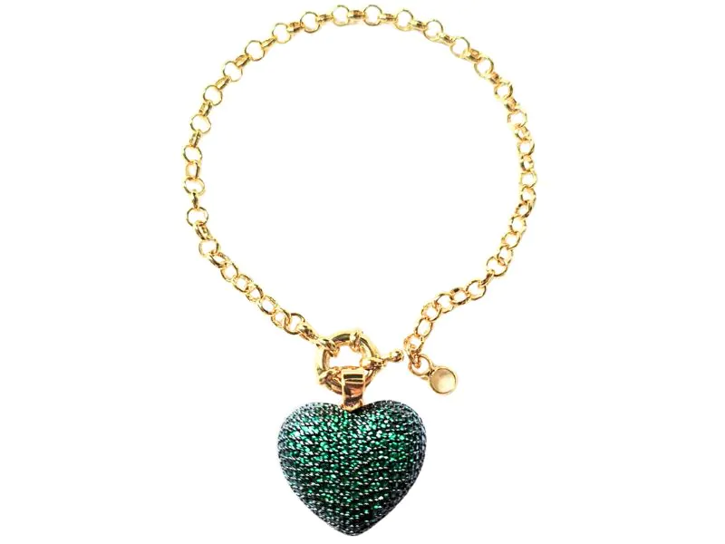 Pulseira Elo Português com Fecho Bóia e Pingente de Coração Cravejado de Zircônias Esmeralda em Banho de Ouro Amarelo Rodinado com Ródio Negro - Image 2