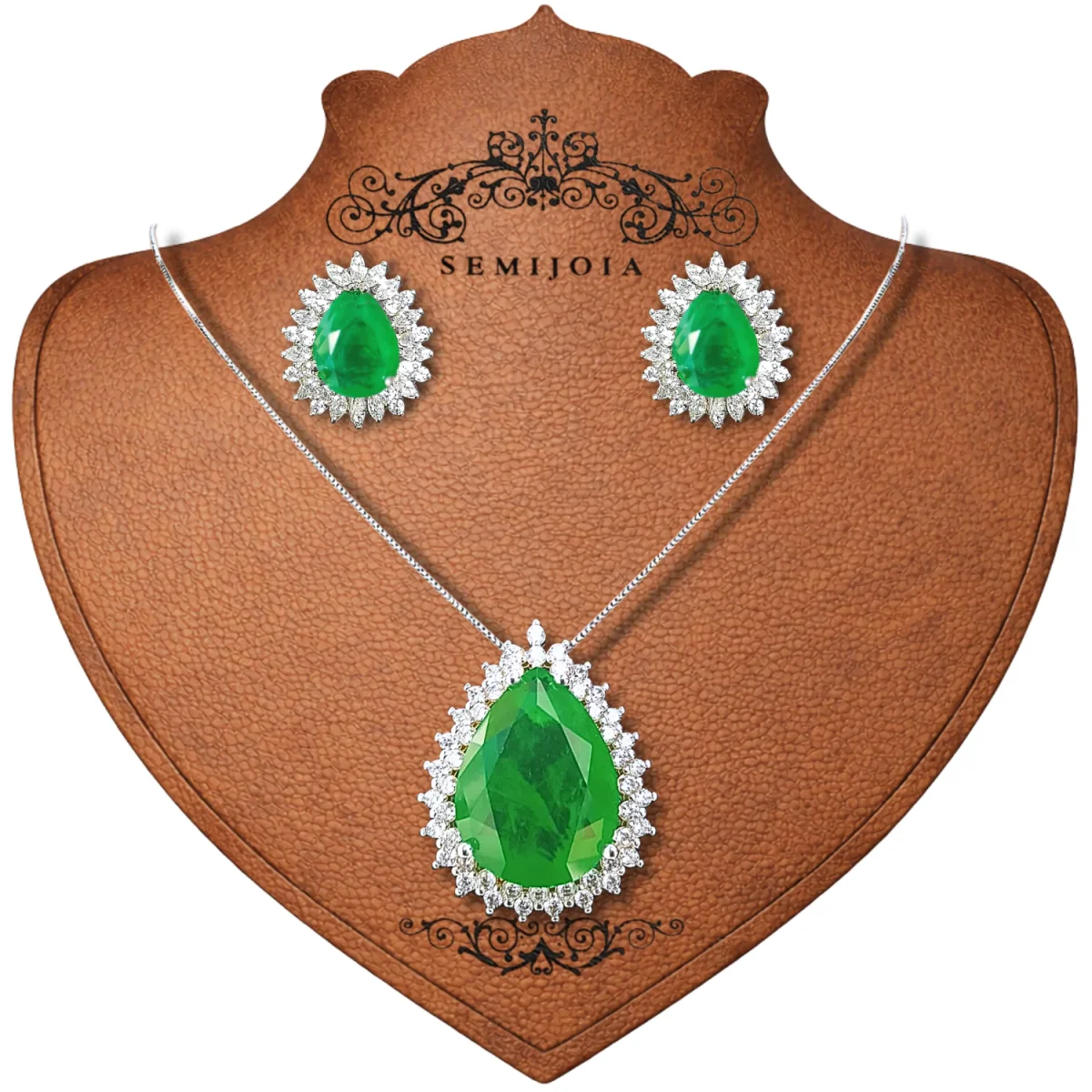 Conjunto Colar e Brincos Gota Esmeralda Fusion Premium e Navetes de Zircônia Cristal em Banho de Prata 925