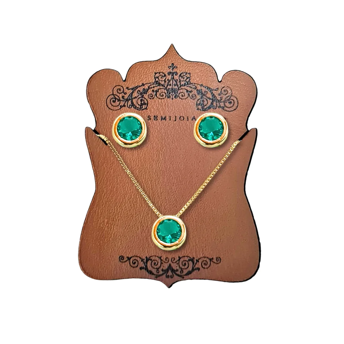 Conjunto Colar e Brincos Ponto de Luz Esmeralda Cravação Inglesa em Banho de Ouro 18K - Image 5