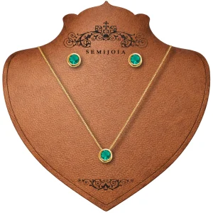 Conjunto Colar e Brincos Ponto de Luz Esmeralda Cravação Inglesa em Banho de Ouro 18K