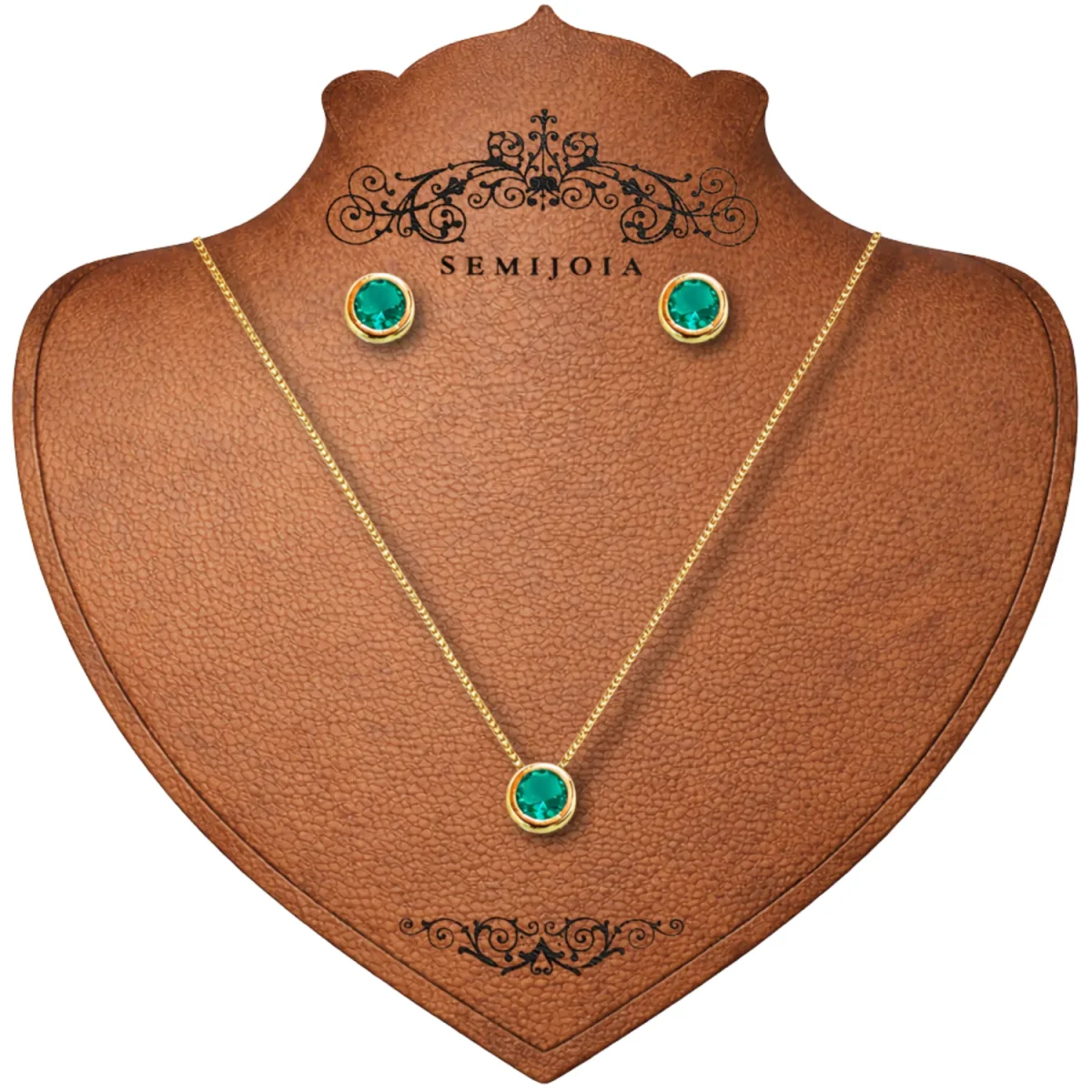 Conjunto Colar e Brincos Ponto de Luz Esmeralda Cravação Inglesa em Banho de Ouro 18K - Image 2