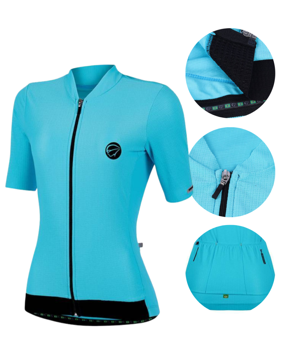Camisa de Ciclismo Feminina Fiber Celeste Mauro Ribeiro Sports