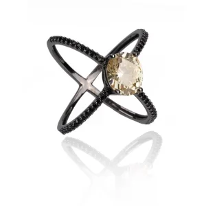 Anel em X Pedra Fancy Yellow Negro Prata 925