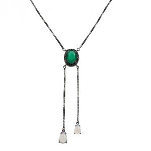 Colar Opala Delicado Gravatinha Negro com Esmeralda Fusion Cristais Prata 925